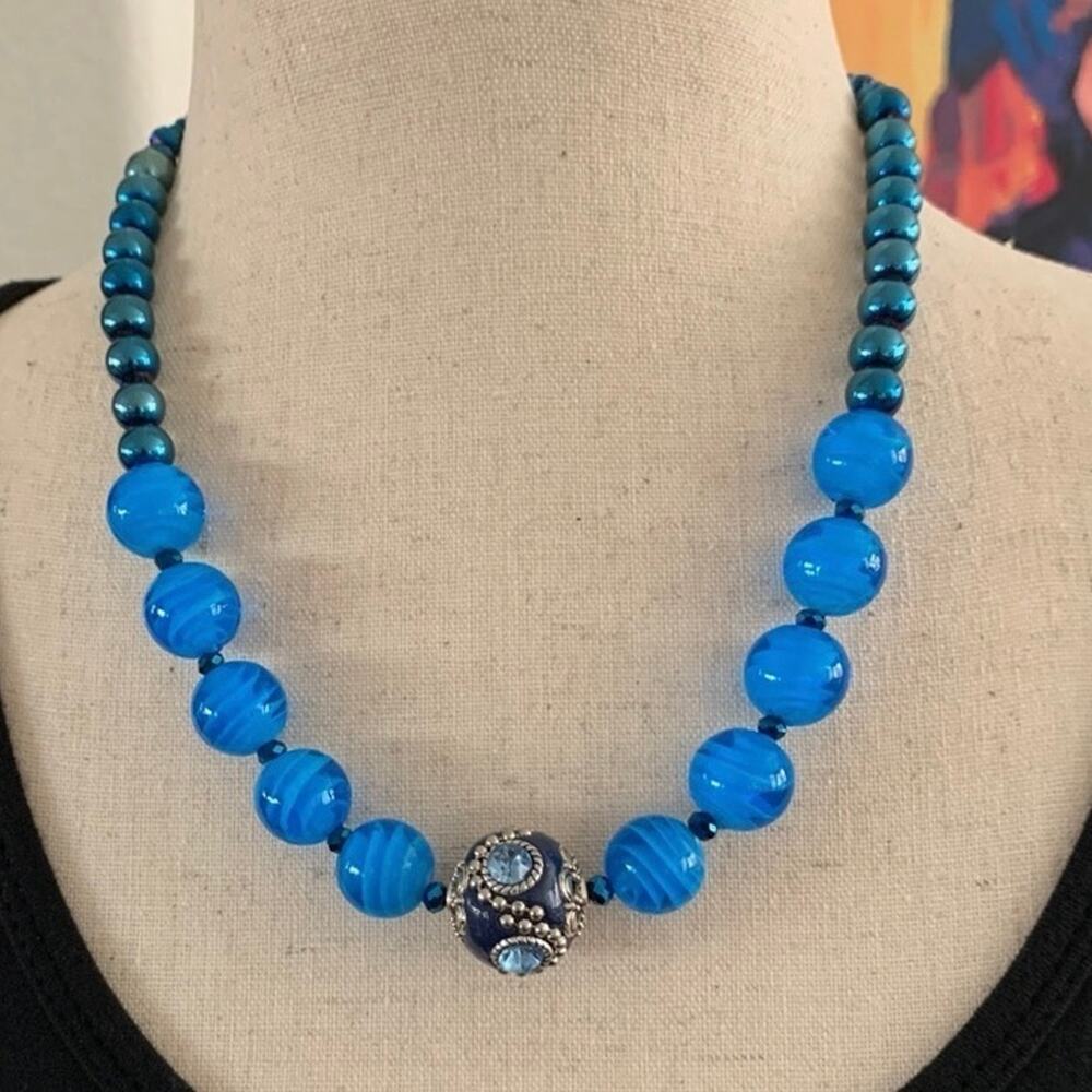 BEADED‎ boho blue necklace. Handmade one of a kind.